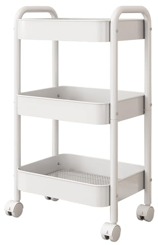 Foeska 3-Tier Storage Trolley, Trolley on Wheels Cart Storage Organiser, Metal Rolling Storage Cart Utility with Extra Hooks, for Kitchen Living Room Laundry Bathroom Office (White)