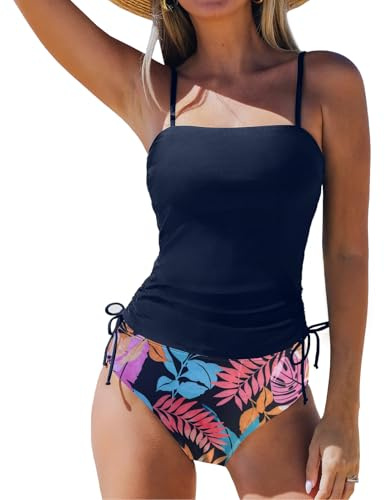 SYKT Tankini för kvinnor, rynkad dragsko, hög midja, camisole tankini, badmode, tryck, tvådelad baddräkt, baddräkt