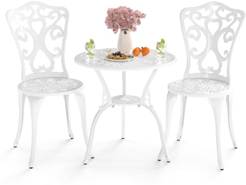 COSTWAY Set da Bistro da Patio a 3 Pezzi, Sedie e Tavolo in Alluminio con Foro per Ombrello, Set da Bistro da Esterno per Veranda, Giardino e Piscina (Bianco)