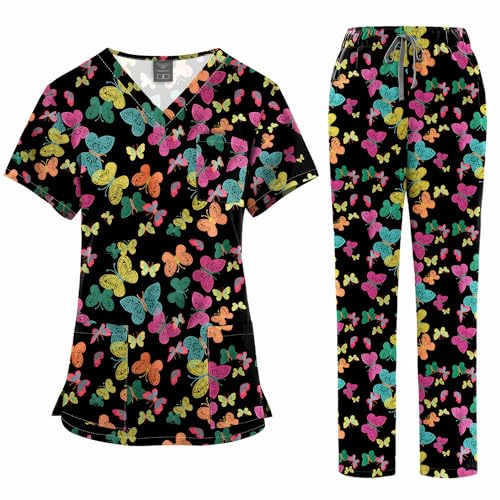 Meichoon Cartoon Print Medical Scrubs For Women V Neck 2 Pocket Short Sleeve Polyester Scrub Set Lightweight Breathable Quick Dry Four Seasons