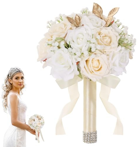 Qeedy Wedding Bouquets for Bride - Realistic Silk Flowers Artificial Roses, 9 Inch Bridesmaid Bouquet for Ceremony, Church, Anniversary, and Home Decoration (White & Champagne)