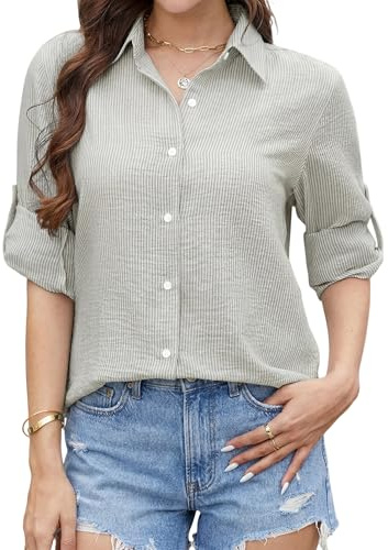Enmain Camicia Lino Donna Manica Lunga a Righe Grigio Chiaro Cotone Camicetta Elegante da Ufficio Casual Estiva Blusa Scollo a V Classiche, S