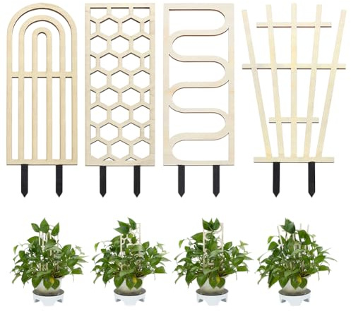 FINGERINSPIRE 4Pcs Treillis pour Plantes D'Intérieur 4 Styles en Bois Amande Blanchi pour Plantes Grimpantes D'Intérieur Formes Mixtes Support pour Plant de Jardin Lierre Plant D'Extérieur en Pot