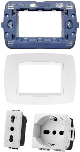 Di Tutto Per Tutti® - Placca 3 Moduli Supporto 3 Moduli con Frutto Presa Bivalente e Frutto Presa Pluristandard - Kit Incasso con Supporto e Viti di Montaggio, Serie Living Light Compatibile, Bianco