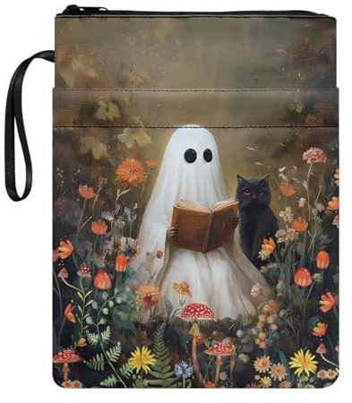 Poceacles Buchhülle mit Reißverschluss aus waschbarem Stoff, Buchschutz für Taschenbücher, Hardcover-Notizbücher, Bibel, Journal, Lehrbücher, Motiv: Geisterschwarze Katze, Pilz, Daisy-Blume