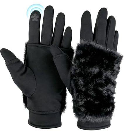 Zidoley Guanti Termici da Donna per l'Inverno, Guanti Invernali in Pelliccia per Donna, Guanti Caldi e Stretch in Maglia per Touchscreen, Guanti Invernali per Outdoor e Regali, Nero , Taglia unica
