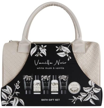 New Vanilla Noir Bath Gift Set, Comes With A Faux Leather Handbag Filled With Shower Gel, Bubble Bath, Body Scrub, Leaves skin Soft, Smooth and Delicately Scented, Soothing Fragrance - Grey