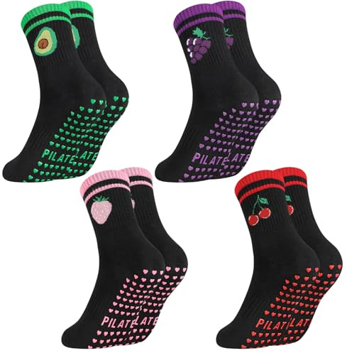kodinsiivous 4 Paare Pilates Yoga Socken Stoppersocken Damen Rutschfeste Socken Reformer Pilates Socks Antirutschsocken Grip Socks für Pilates Barre Ballett Tanz Trampolin Barfuß 39-43 schwarz