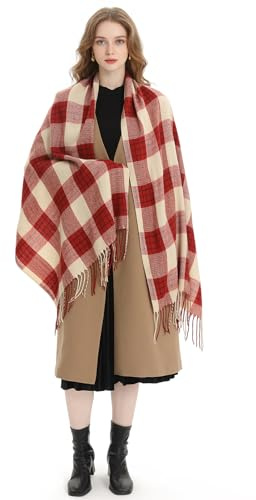 Miss Lulu Winter Schal Damen Oversized – Kuschelig warmer karierter Wollschal mit langen Fransen, Winteraccessoire für Damen, Mama & Freundin oder für Alltag