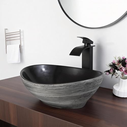 Zoyueyu 16x14 Oval Vessel Sink with Waterfall Faucet and Pop-up Drain Bathroom Sinks Ceramic Above Counter Bowl Sink Balck Bathroom Sink