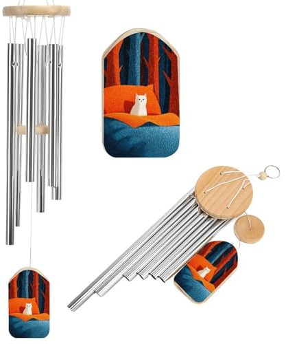 Windspiel mit weißer Katze, für den Winter, tiefer Ton, mit 6 Aluminiumrohren, für den Außenbereich, Hinterhof, Garten, Dekoration
