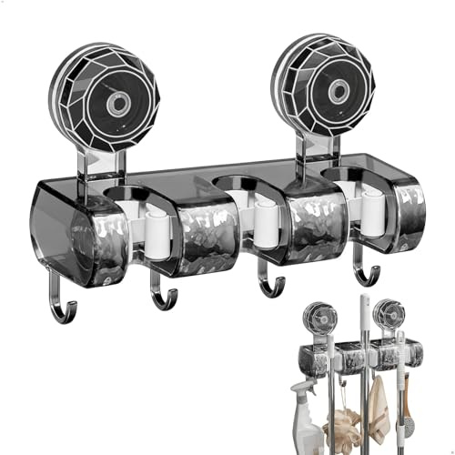 xyuayamz Besenhalterung Wand, Besenstiel Halterung mit 4 Haken, Saugnapf Mop Halter, Wandhalterung Besen Ohne Bohren für Hotel Küche Badezimmer Garage Garten, ABS, Schwarz