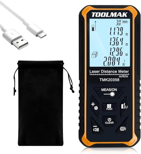 TOOLMAK Plus Telemetro Laser 60m Professionale,Misuratore di Distanza Digitale ±2mm, Sensore di Angolo, Display LCD Retroilluminato, IP54, Batteria Ricaricabile USB, Classe II