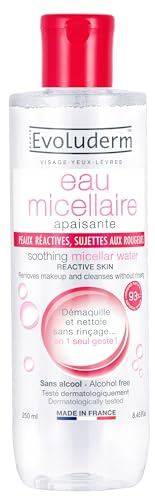 EVOLUDERM - Eau Micellaire Démaquillante Peaux Réactives, Sujettes Aux Rougeurs - 250 ml - 93% d'origine naturelle - Vegan - Fabrication Française