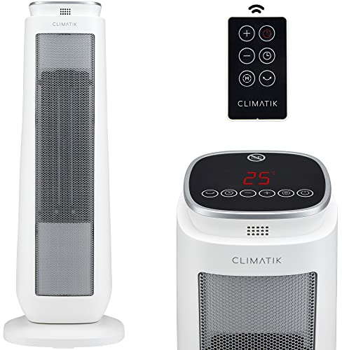 Climatik Oscillating White Tower Heater - Ceramic PTC - Thermostat, 2 Power Settings, LED Display, Portable Design with Timer & Remote Control - 2000W
