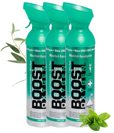 Boost Oxygen Sauerstofflasche für Unterwegs mit 95% Sauerstoff - 27L,3x9L Sauerstoffdose mit Sauerstoffmaske für mehr als 450 Inhalationen - mobiler Sauerstoff Inhalator (Menthol-Eukalyptus Geschmack)