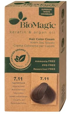 BioMagic Permanente Haarfarbe, Keratin & Arganöl-Linie, Ammoniakfreies Haarfärbemittel, Enthält zertifizierte Bio-Zutaten, Haarfärbung für einen natürlichen Look (7.11 Intensives Aschblond)