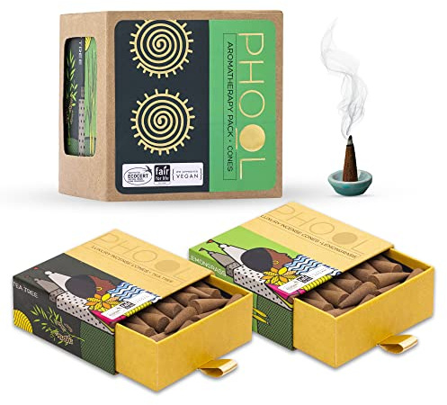 PHOOL LUXURY INCENSE Paquete de aromaterapia (80 conos de incienso, 2 fragancias, árbol de té y hierba de limón) (verde)