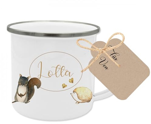 Manufaktur Liebevoll Emaille Tasse Kinder Geschenk personalisiert Kindertasse Tiere Geschenk mit Name Kinder Geburtstagsgeschenk Tasse (Motiv “Tiere Lotta”)