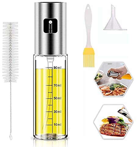 YANKUIRUI Oil Sprayer for Cooking, Olive Oil Spray Bottle, Dressing Spray with Brush Portable, 100ml Olive Oil Glass Bottle for Kitchen, BBQ, Salad, Baking, Roasting, Grilling (1Pcs+Set)