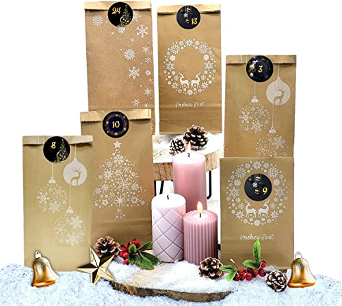 endlosschenken Adventskalender zum selber Befüllen - 24 Kraftpapiertüten zum Basteln schwarz weiß DIY Weihnachtskalender