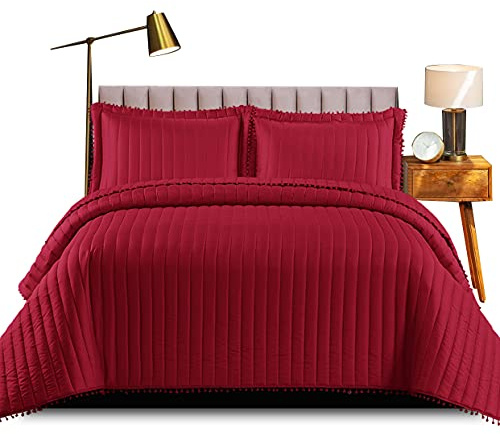 Shop Direct 24 Quilted Bedspread Single Bed Throws for Bedroom Decor - Quilted Embossed Pattern Reversible Quilt Bedspreads Coverlets with Matching Pillow Cases 185x240 cm Red