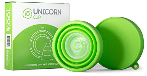 Unicorn Cup Coppetta mestruale pieghevole e sterilizzatore/custodia (verde), utilizzabile fino a 12 ore, flusso leggero/medio/pesante, super morbido 100% silicone di grado medico, riutilizzabile
