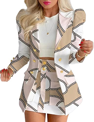 ORANDESIGNE Completo Suit Giacca + Minigonna Donna da Casual Abito Due Pezzi Tinta Unita a Maniche Lunghe Sexy Vintage Elegante Blazer e Gonna a Tubino per Ufficio e Lavoro B Cachi S