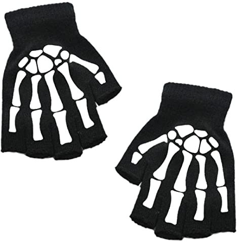 1 Paar warme gestrickte Fäustlinge Totenkopf fingerlose Handschuhe Radfahren rutschfeste Handschuhe Halloween Cosplay Dekor leuchten im Dunkeln, Knochenklaue, Einheitsgröße