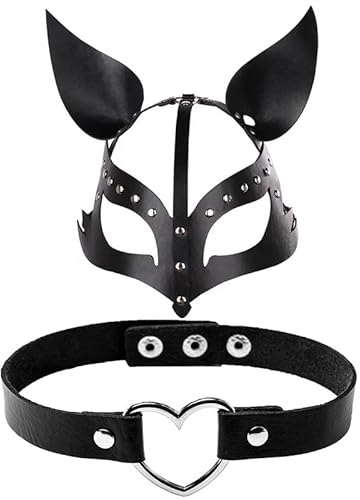 Ruisy Frauen Ledermaske Hase Fuchs Maske Tier Halbgesichtsmaske Maskerade mit Choker Gothic Halsband Halskette für Cosplay Halloween Party Kostüm (Fuchs)