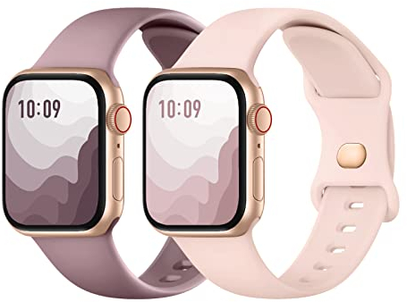 Suitisbest 2er Stück Armband Kompatibel mit Apple Watch Armband 38mm 40mm 41mm 42mm, Silikon Armbänder mit Druckverschluss für Apple Watch 11 10 9 8 7 6 5 4 3 2 1 SE 3 SE 2 SE, Sand Rosa/Rauchlila