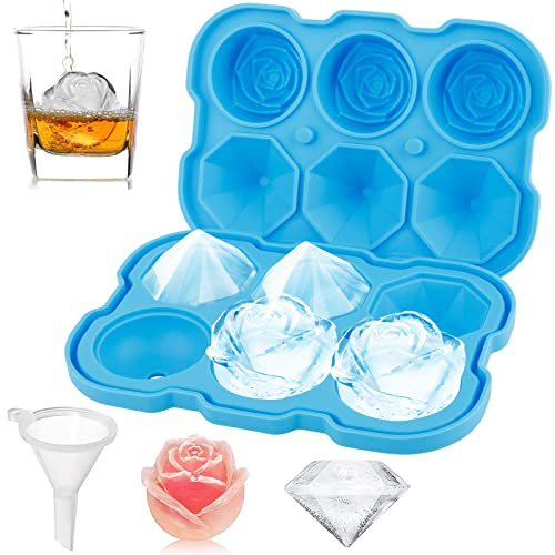 Mikiwon Bandejas de cubitos de hielo de rosa de 5 cm con cubiertas, bandeja de hielo de silicona de 3 cavidades con forma de rosa y diamante, forma de cubo de hielo grande de fácil liberación para