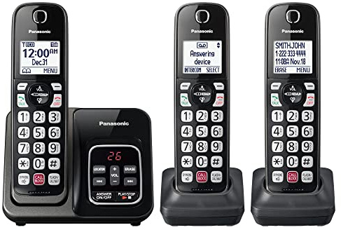 Panasonic Cordless Phone with Answering Machine, Advanced Call Block, Bilingual Caller ID and High-Contrast Display, Expandable System with 3 Handset Cordless Telephones - KX-TGD833M (Metallic Black)