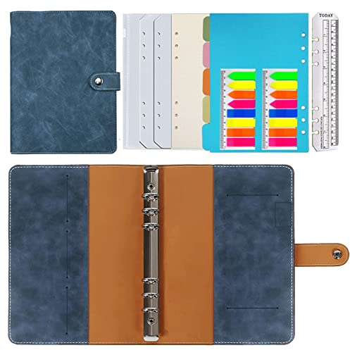 HotKrump Leder Notizbuch Binder A5,PU Leder Nachfüllbares Notizbuch Ringbuch A5 Tagebuch Gepunktetes Papier Echtleder Innentaschen für Reisearbeit und Organizer (Blau 23x17cm)
