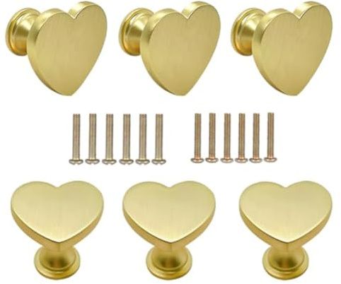 LLHDKF 6 Stück Gold Herzform Knauf Griffe Vintage Türknäufe Schublade Kommode Schrank Pull Griffe für Zuhause Küche Kinder Kinder Schrank Schublade Möbel Hardware Griffe (Herz)