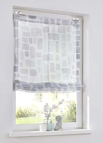 Glen Raffrollo weiß mit Hakenaufhängung, halbtransparent, Raffgardine mit Ösen, modern Bedruckt grau Taupe, Polyester pflegeleicht, 100 x 140 cm