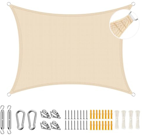 Duerer 3.6x4.8m Vela Ombreggiante con Kit di Fissaggio, Rettangolare Tenda a Vela Protezione UV per Esterno Giardino Terrazza-Crema