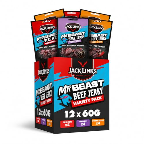 Jack Links Beef Jerky pack de mélanges (12 x 60 g) - Viande séchée - Riche en protéine snack - Charcuterie - Viande de boeuf - Boeuf séché