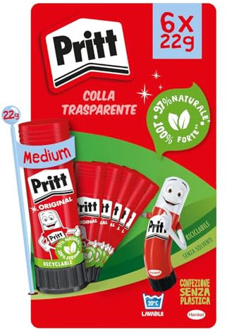 Pritt Colla Stick 6 x 22g, Colla Pritt sicura e affidabile, Adesivo per lavoretti e fai da te, con una tenuta forte per uso scuola e ufficio, 6 stick x 22g