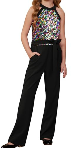 GRACE KARIN Girls' Sequin Jumpsuit with Belt Halterneck High Waist Flared Jumpsuit for Special Occasion Colorful Sequins 13-14 Years