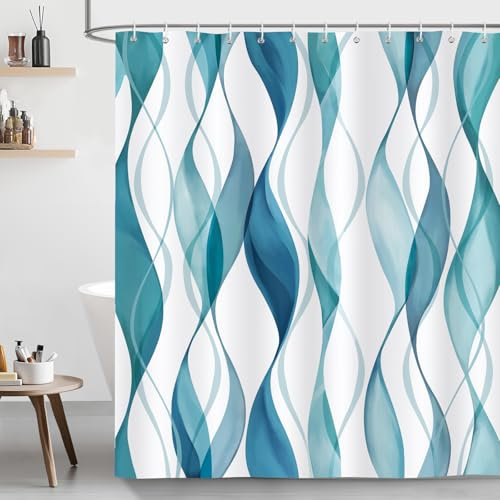 Bonhause Duschvorhang 180 x 180 cm Wasserdicht Anti-Schimmel Gestreift Duschvorhänge Polyester Stoff Waschbar Shower Curtains Bad Vorhäng für Badzimmer mit 12 Duschvorhangringe Teal