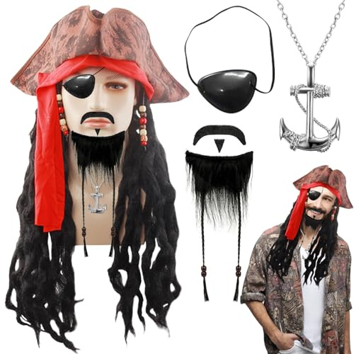 VEQENIFY Piratenhut Set,Piraten Hut,Piratenkostüm Zubehör Accessoires,Zum Zubehör Gehören Ein Schnurrbart, Eine Augenklappe und Eine Halskette,Mittelalter Pirate Herren,Coplay Piraten-Zubehör