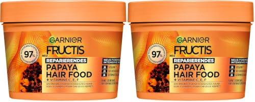 Garnier Fructis Papaya Haarmaske, Leave-In für geschädigtes Haar und mehr Geschmeidigkeit, Reparierend und Regenerierend, Vegane Formel, Ohne Silikone, Hair Food, 3in1, 400ml (Packung mit 2)