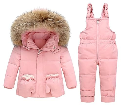 Runstarshow 2 delar snödräkt barn pufferjacka pojkar flickor snö haklapp byxor småbarn skiddräkter huva dunkappa med handskar övergripande byxor varma vinterkläder för 1-6 år, Rosa, 3-4 år
