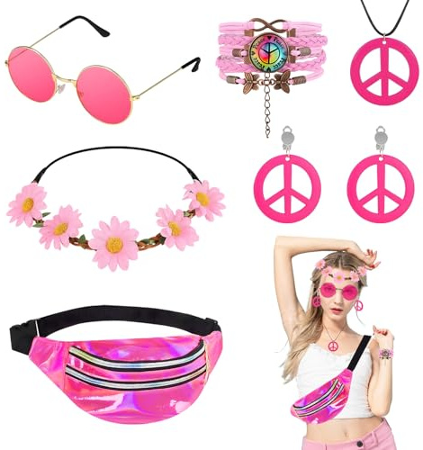 Dellyy RetroHippie Accessoires, Friedenszeichen Halskette, Ohrring, Brille, Bauchtasche, Armband, Stirnband, Kostüm Damen, 60er Jahre