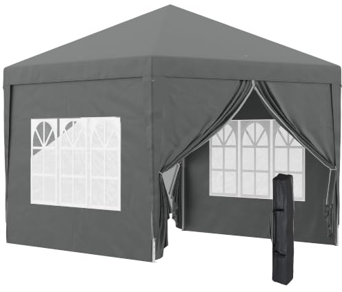 Outsunny Gazebo Pieghevole 3x3 Pop Up con 2 Porte, in Acciaio Grigio | 2 Finestre, 4 Pannelli Laterali, Borsa da Trasporto, Gazebo da Esterno in Tessuto Oxford, per Giardino, Feste, Campeggio