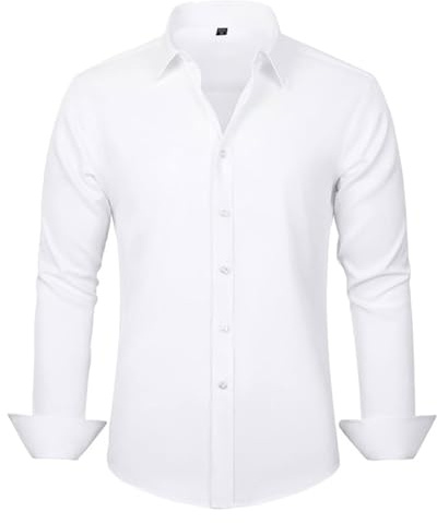 BNREOZA Camisa de Negocios Manga Larga Hombre, Talla XL (44), Blanca, Sólida, Regular Fit, Cuello Americano, Transpirable, Resistente a Arrugas, Fácil de Planchar