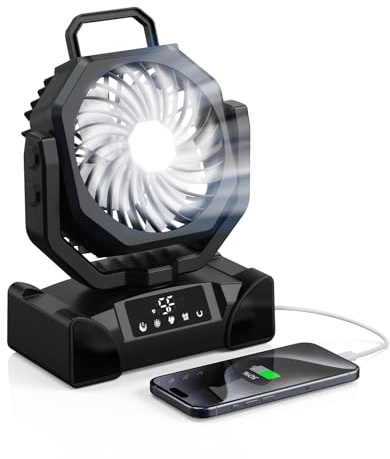 Richday Ventilatore da Campeggio Ricaricabile 20000mAh con USB Luce LED, Timer, Telecomando, Oscillazione Automatica, fino a 69h, Ventilatore Portatile per Esterni, Tenda, Spiaggia, Ufficio, Pesca