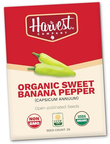 The Harvest Company Organic Sweet Banana Pepper Seeds – USDA & CCOF Certified Organic, Non-GMO, Open-Pollinated Vegetable Seeds for Indoor & Outdoor Gardening
