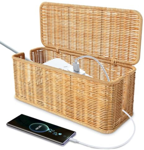 Kabelbox, Handgemachte Kabelbox, Rattan Kabelmanagement Box zum Verstecken von Kabeln, Kabel Organizer Box für Schreibtisch, TV Drähte & Power Strip, Kabelsalat Verstecken, Steckdosenbox für Büro&Haus